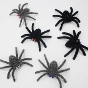Halloween fuzzy spider decorations with rhinestone eyes, perfect spooky hanging props.