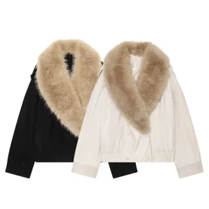 Fashionable women's faux fur collar suede jacket winter casual warm cozy outerwear
