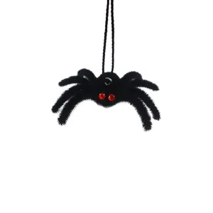 Halloween black plush spider hanging decoration with red crystal eyes and rope string main