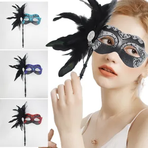 Maschera da Masquerade Piuma Nappa Strass Mezza Faccia Maschera Veneziana Con Manico Staccabile Per Festa Costumo Donna