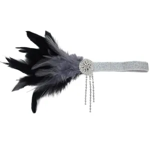 1920s Flapper Feather Headband Black Vintage Gatsby Hair Band with Rhinestone Tassels