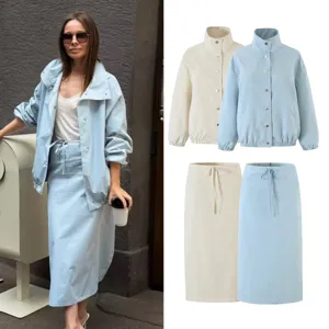 Women's Casual Fashion Loose Lapel Jacket Coat And Drawstring Skirt Suit Female Fall Winter Clothing Set