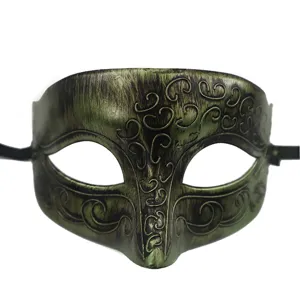 Maschera di carnevale mezza faccia verde vintage per festa, elegante motivo intagliato.