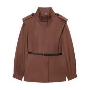 Veste Trench Ceinturé Minimaliste Femme Automne Élégant Col Montant Manteau Vêtement