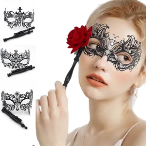 Halloween masquerade metaal zwart kant half gezicht masker met handvat en roos feest.