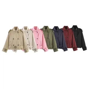 Women's Casual Loose Belted Double Breasted Stand Collar Trench Coat European Style Long Sleeve Outerwear Female Clothing