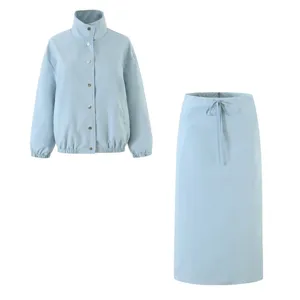 Light blue stand collar jacket and midi skirt set detail view, casual fashion two piece outfit.