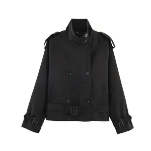 Women's black cropped double breasted trench coat featuring a waist belt and chic high collar.