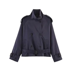 Women Navy Blue Cropped Trench Coat High Collar Belted Double Breasted Outerwear Detail