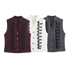 Women's Fashion Slim Fit Stand Collar Single-Breasted Sleeveless Vest Vintage Knot Embroidered Casual Waistcoat Top