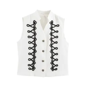 Women's elegant white sleeveless vest featuring black knot embroidery and chic front metal buttons.