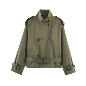Army green cropped trench jacket for women, double breasted with belt and stand collar.