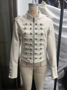 Women's military style woolen stand collar jacket featuring multi-row metal buttons and zipper.