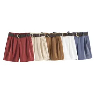 Short Plisado de Talle Alto Casual para Mujer Pantalón Corto Lisos de Verano con Cinturón