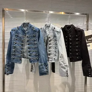 Women's Casual Military Style Denim Jacket Long Sleeve Knot Button Coat F826097 New