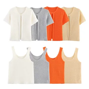 Damen Strickware Pailletten Metallic Garn Tanktop und Cardigan Set Zweiteiler elegant