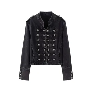 Women's black washed denim jacket with stand collar and military style metal knot buttons.