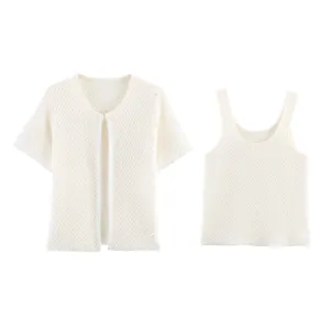 Weißer Strickcardigan und Trägershirt im Set mit Metallicfaden und Pailletten für Damen.