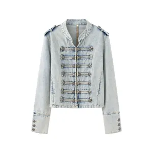 Light blue denim jacket with military style cord knot closure and mandarin collar.