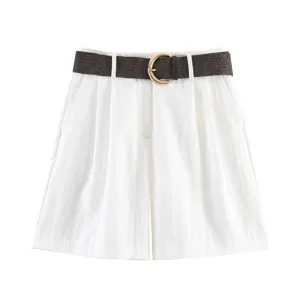 Pantalones cortos plisados de talle alto para mujer pantalón blanco con cinturón