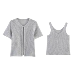 Damen metallicgraue Strickjacke und Tanktop Set, modisches Sommer zweiteiliges Outfit.