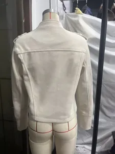 Women off-white woolen stand collar jacket, stylish button decor long sleeve outerwear.