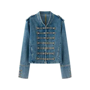 Women vintage military style denim jacket with metallic buttons and braided rope details blue.