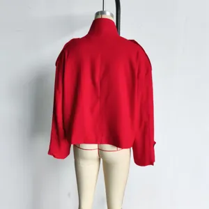 Women red stylish loose stand collar jacket coat back view detail display for autumn fashion.