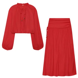Red long sleeve blouse and pleated skirt two-piece set for women fashion daily wear size S