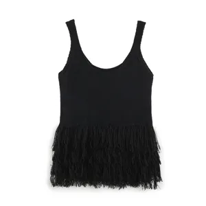Stylish black knit camisole top featuring trendy multi-layered fringe hem for women.