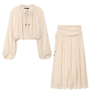 Women's two-piece set long sleeve ruffle blouse and pleated midi skirt casual chic outfit