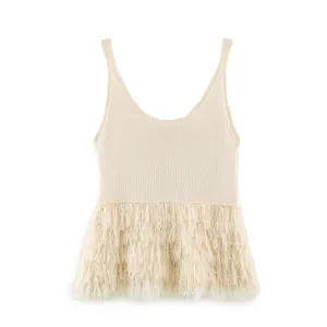 Women summer fringe knit tank top, casual V-neck sleeveless pullover knitwear detail view.