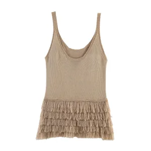 Knitted fringe tank top detail, khaki sleeveless camisole with multi-layer tassel hem.