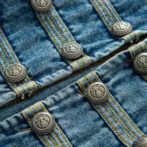 Denim jacket metal button detail close-up, vintage style, high quality textured fabric.
