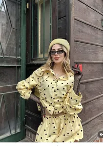 Summer Women Yellow Polka Dot Long Sleeve Jacket and Shorts Two Piece Outfit Set Casual