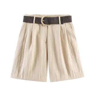 Shorts casual de cintura alta plisados con cinturon trenzado, diseño minimalista de verano.