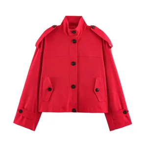 Red cropped trench jacket for women, stylish lapel collar, long sleeves, chic black buttons.