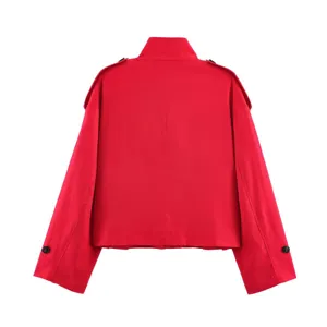 Women's red short windbreaker jacket with stand collar, epaulets, and button cuffs.