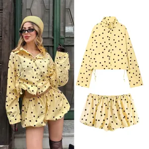 Womens Casual Polka Dot Print Long Sleeve High Neck Jacket And Shorts Summer Set Polyester Fashion Outfit