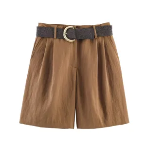 Pantalones cortos casuales marrones de tiro alto con pliegues para mujer con cinturón moda