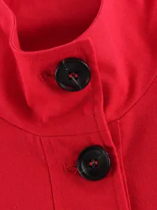 Red cotton linen trench coat collar detail, casual women's outwear button element.