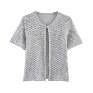 Detailansicht der modischen Damen Metallic Strickkurzarmjacke mit durchbrochenem Design.