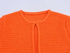 Orange Pailletten metallic Strickjacke Damen Rundhalsausschnitt stilvolle Oberbekleidung.