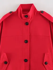 Red cotton linen trench coat collar detail, stylish stand collar with black buttons and pockets.