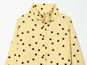 Yellow long sleeve high collar polka dot blouse top detail view for women fashion summer wear