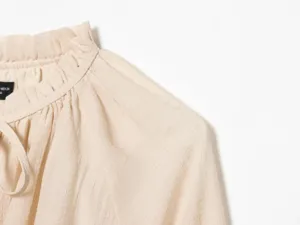 Casual loose ruffle collar long sleeve blouse front detail view, elegant women fashion top.