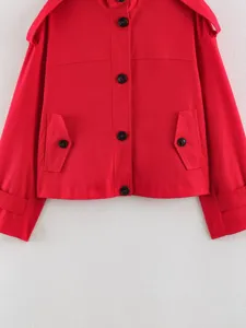 Red short trench coat jacket for women, stylish flap pockets and black buttons detail.