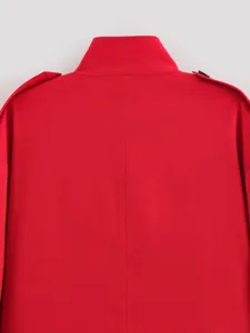 Women's casual linen trench coat back detail, elegant high collar and stylish epaulette design.