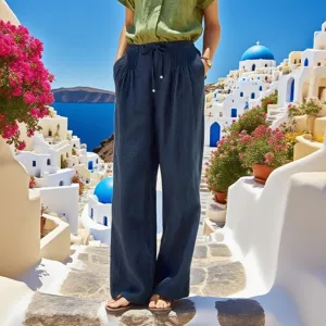 Stylish dark blue drawstring wide-leg linen pants for women, perfect for summer beach holidays.