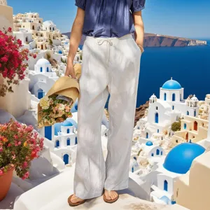 2025 new French vintage white drawstring cotton casual pants women summer straight beach